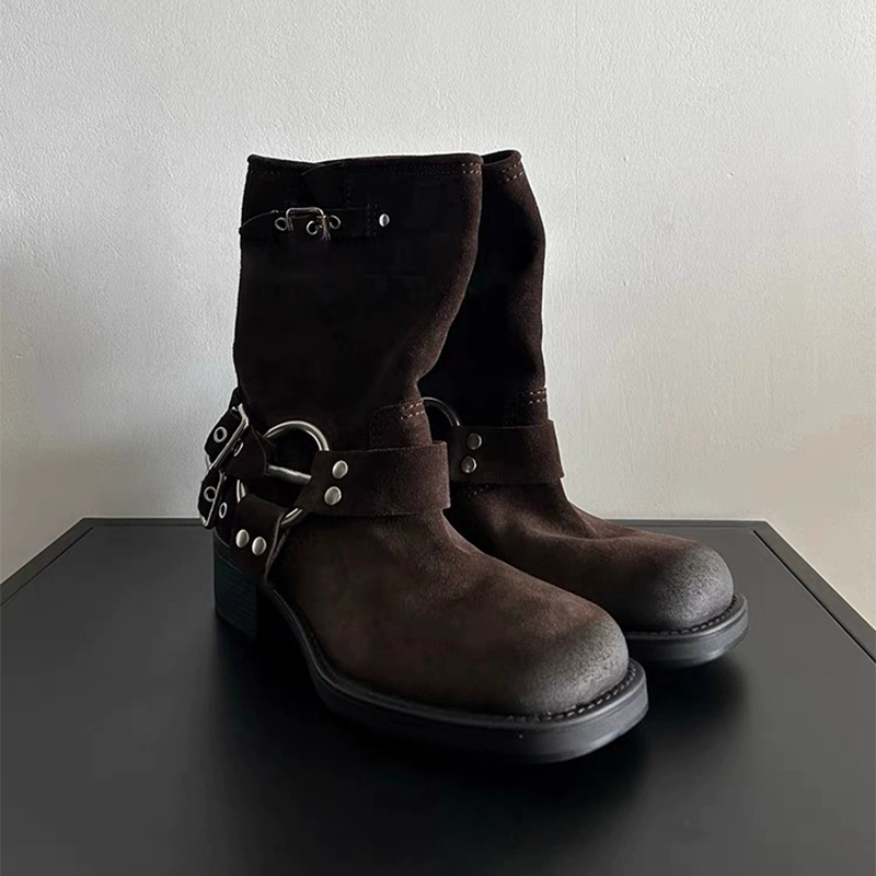 【High Quality】Brown Vintage Suede Riding Boots Western Cowboy Mid-Calf Short Boots Women's 2026 New High Heels 【High Quality】Brown Vintage Suede Riding Boots Western Cowboy Mid-Calf Short Boots Women's 2026 New High Heels
