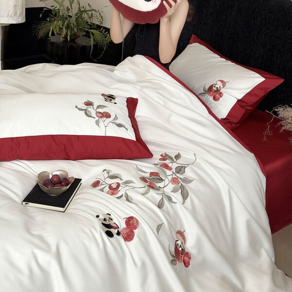 Cartoon | Cute Panda 100-Count Long-Staple Cotton Four-Piece Set, All-Cotton Embroidered Duvet Cover, Four-Season Pure Cotton Bedding for Sleeping Naked 4
