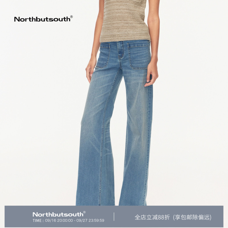 Northbutsouth Washed Whiskered Patch Pocket Mid-Low Waist Beach Blue Flared Casual Jeans