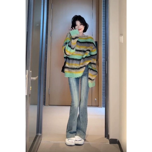 Зеленый демисезонный трикотажный свитер, в корейском стиле