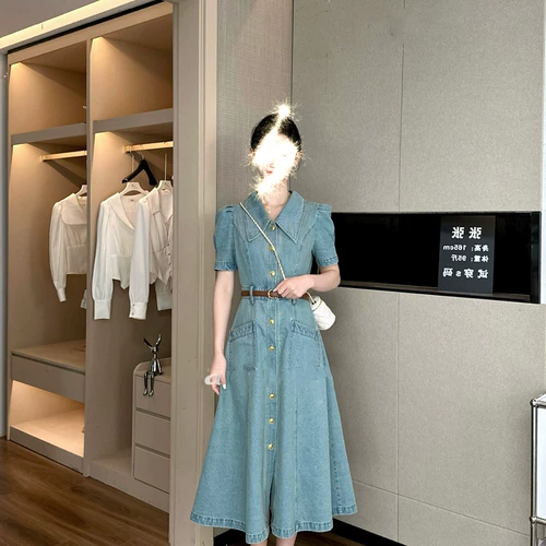 Летнее джинсовое платье, сексуальная длинная юбка, подходит для подростков, короткий рукав, французский стиль, яркий броский стиль