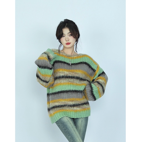 Зеленый демисезонный трикотажный свитер, в корейском стиле