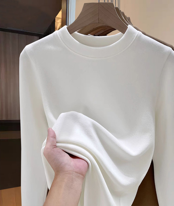 Autumn and Winter German Velvet Brushed Round Neck Long-Sleeved T-Shirt for Women, Fashionable and Versatile, Thickened White Inner Top, Base Layer Shirt