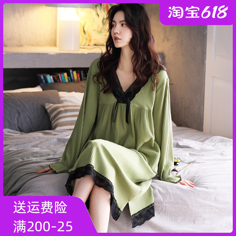 Pure Cotton Long Sleeve Sleeping Skirt Woman Fall Winter V Collar Large Size Fat MM Pregnant Woman 2022 New Long Dress Spring Autumn can be worn outside