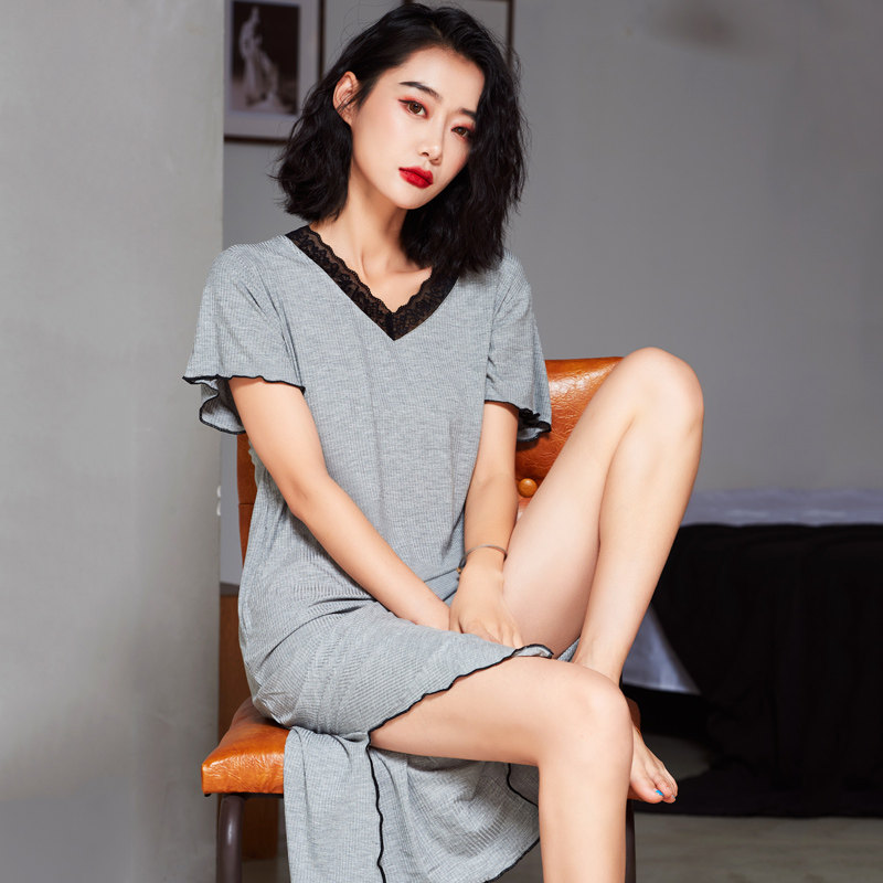 Ladies Nightdress Modal Summer Long Skirt Over Knee Thin Short Sleeve Soft Solid Color V-Neck Slit Korean Homewear