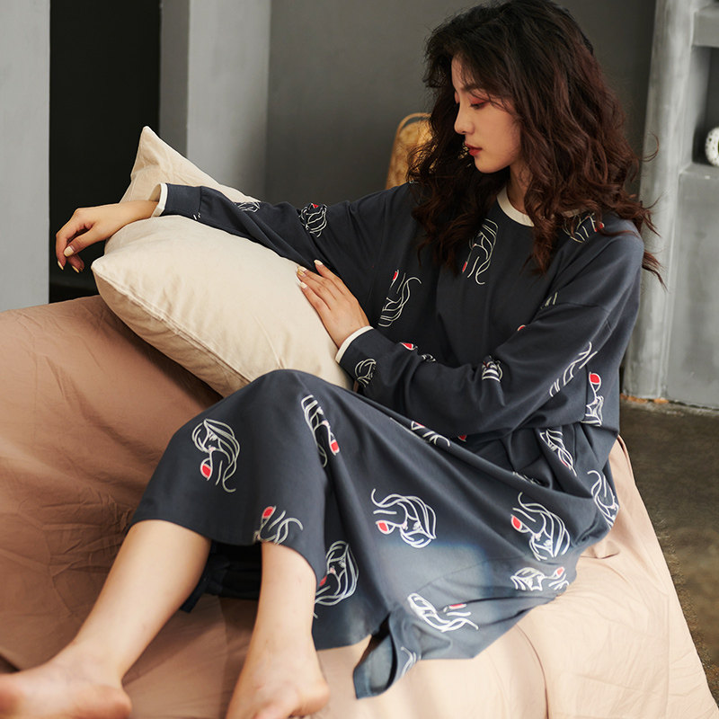 Cartoon print nightdress women's spring and autumn cotton long-sleeved long version cute big size fat MM loose can be worn outside