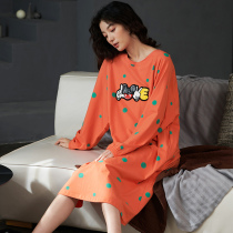 Pure Cotton Sleeping Skirt Woman Fall Long Sleeve Wave Dot Printed Cartoon Loose can outwear a home Clothing Long style Knee Pyjamas Skirt