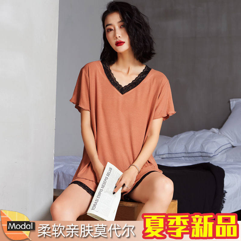 Modal pajamas women's summer ultra-thin short-sleeved short-sleeved two-piece lace sexy loose homewear suit summer