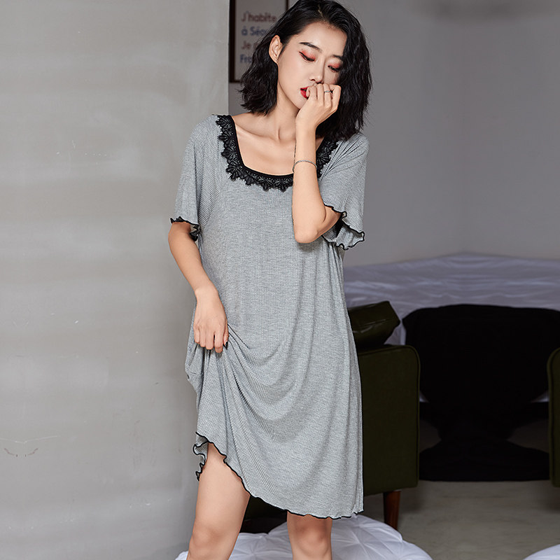 Modal cotton nightdress women's summer lace sexy backless thin section square collar short-sleeved mid-skirt pajamas summer gray