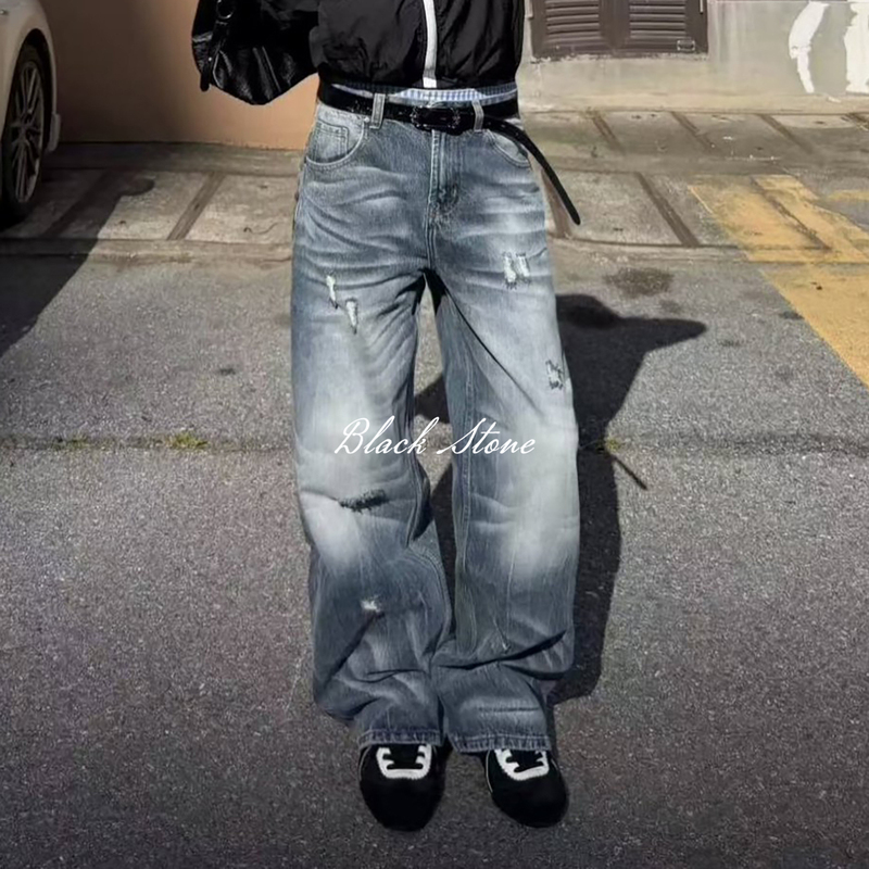 Black Stone River Nevada Washed Night Blue Multi-Wrinkle Denim Jeans 13A Heavyweight Loose Ripped Straight-Leg Blue Jeans