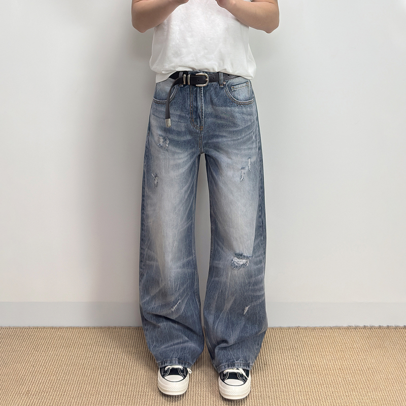 Black Stone River Nevada Washed Night Blue Multi-Wrinkle Denim Jeans 13A Heavyweight Loose Ripped Straight-Leg Blue Jeans