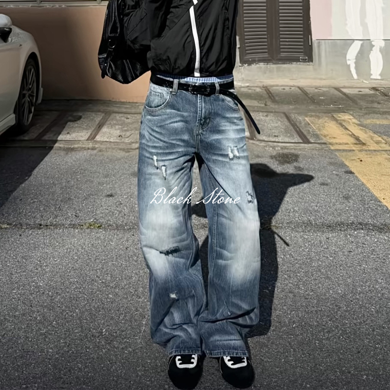 Black Stone River Nevada Washed Night Blue Multi-Wrinkle Denim Jeans 13A Heavyweight Loose Ripped Straight-Leg Blue Jeans Black Stone River Nevada Washed Night Blue Multi-Wrinkle Denim Jeans 13A Heavyweight Loose Ripped Straight-Leg Blue Jeans