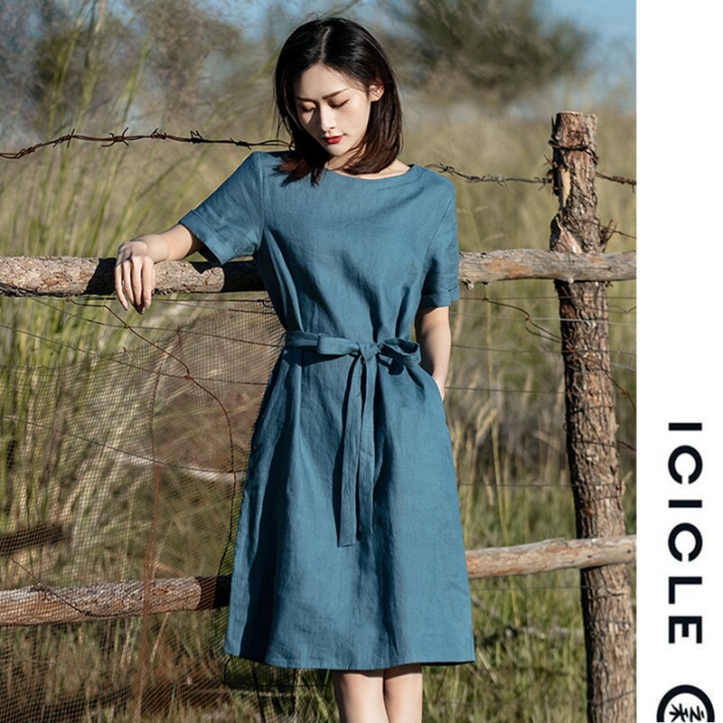 Zhihe ICICLE linen dress women's 2022 new summer pullover loose and thin tie waist mid-length skirt