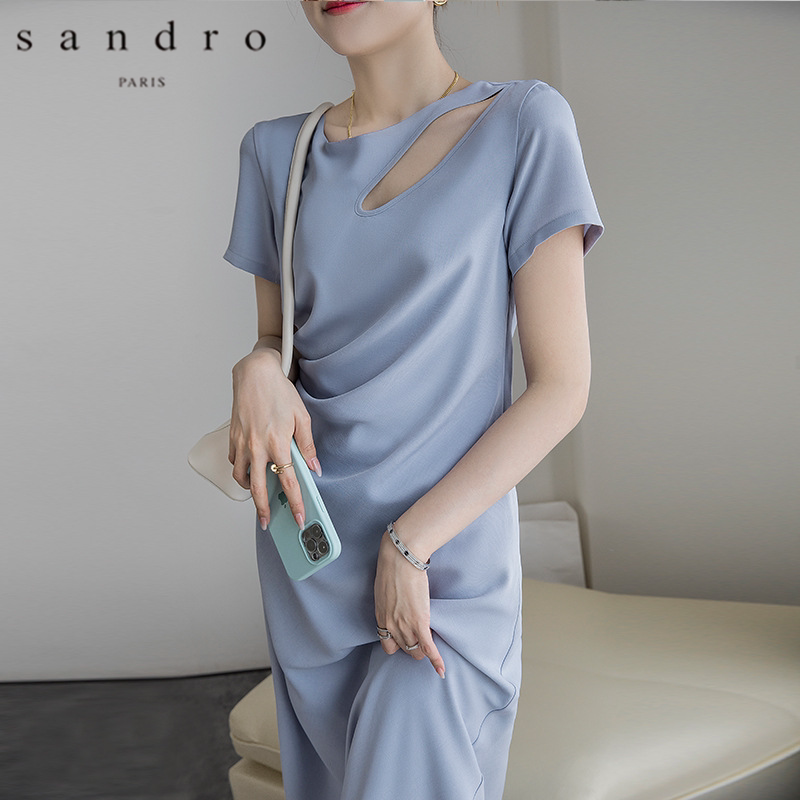 sandro2022 summer new design sense round neck fashion short sleeves thin and long temperament pleated dress women
