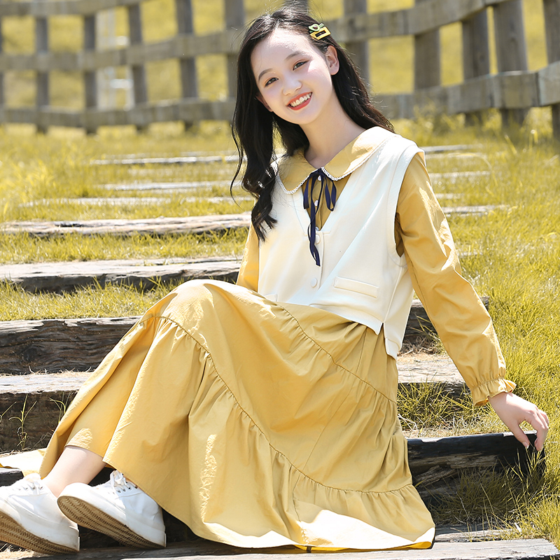 Girl's long sleeve foreign dress Machia Two sets of spring and autumn foreign pie pure cotton girl Spring clothing Girl Dresses Dress Suit