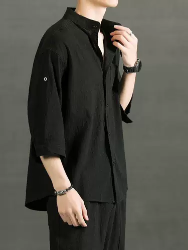 Комфортная тонкая весенняя летняя однотонная мужская рубашка для отдыха, китайский стиль, из хлопка и льна