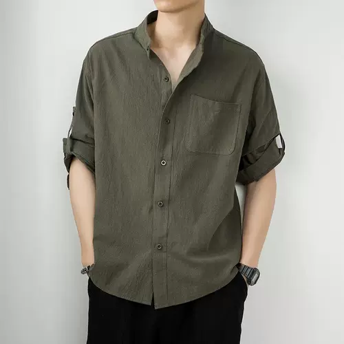 Летняя мужская однотонная тонкая рубашка для отдыха, китайский стиль, из хлопка и льна