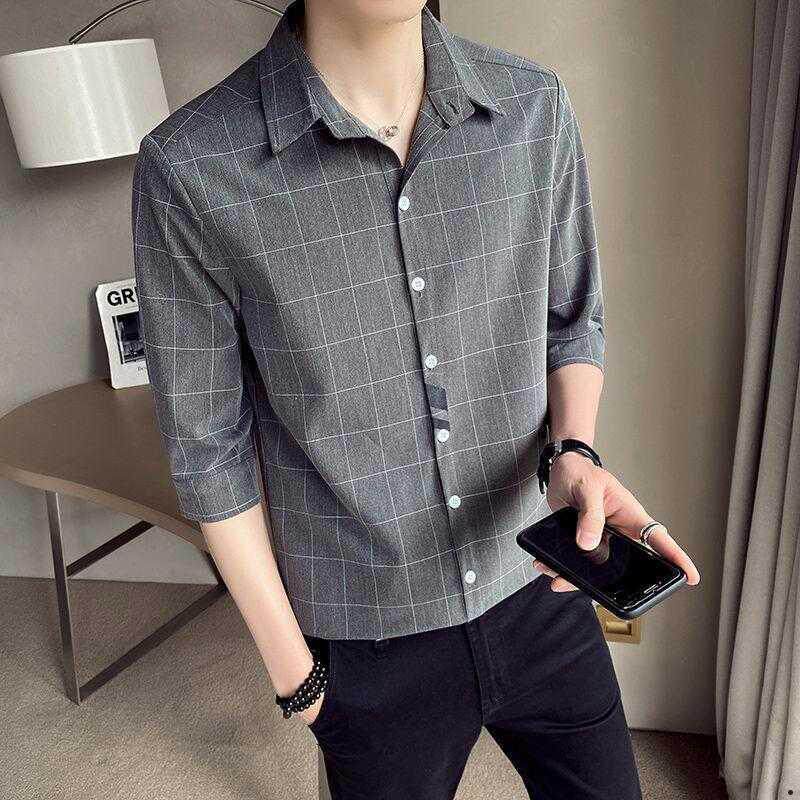 Short sleeve plaid shirt men summer thin Half sleeve shirt Korean casual seven-quarter sleeve inch shirt trend half sleeve tide