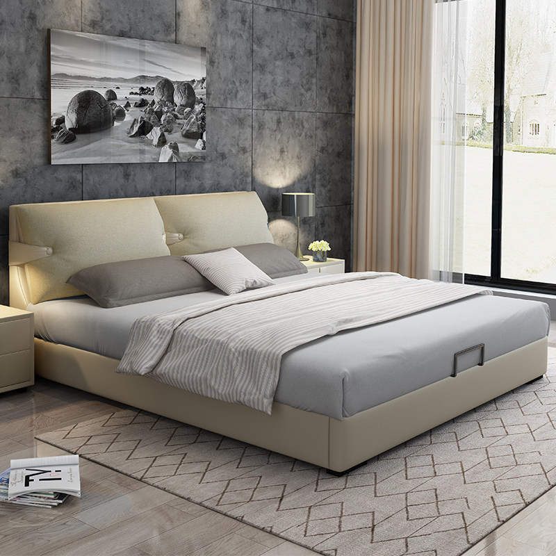Italian Light Luxury Light Leather Bed Modern Simple Soft Bottle Bed Nordic High-end Master Bedroom Solid Wood Bedroom