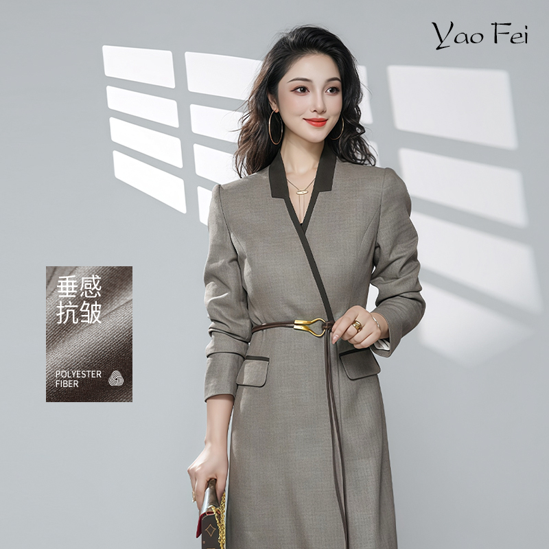 2026 New Style Dress for Women, Thin Linen Color, French Elegant Dress, Work Casual, Waist-Cinching, Tie-Up, Professional Wear