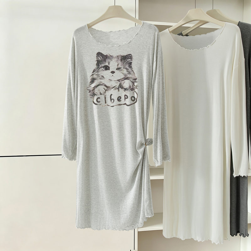Cute Cartoon Cat Nightgown for Women Spring and Summer New Modal Cotton Round Neck Long Sleeve Long Thin Pajamas Home Wear Cute Cartoon Cat Nightgown for Women Spring and Summer New Modal Cotton Round Neck Long Sleeve Long Thin Pajamas Home Wear