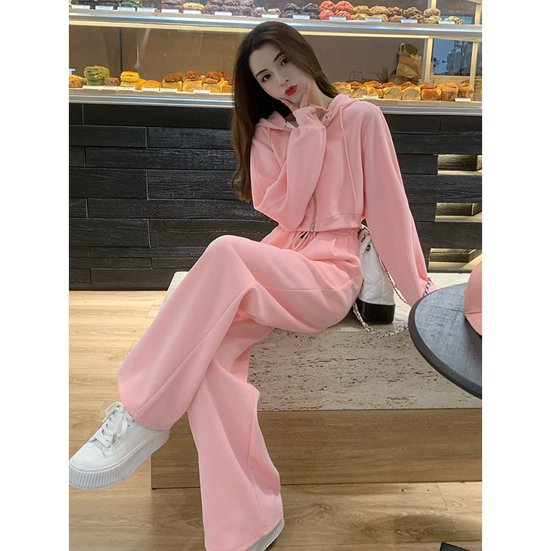 2025 Early Autumn New Fashion Age-Reducing Pink Sweatshirt Jacket High-Waisted Wide-Leg Pants Casual Sportswear Two-Piece Set 2025 Early Autumn New Fashion Age-Reducing Pink Sweatshirt Jacket High-Waisted Wide-Leg Pants Casual Sportswear Two-Piece Set