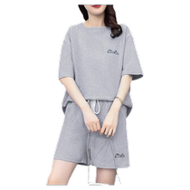 Fashion Casual Suit Womens Summer Han Edition Big Code Loose 100 lap short sleeve T-shirt shorts Running sport Two sets