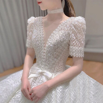 Main wedding dress 2021 new bride small man big tail luxury simple v-neck thin high-end summer