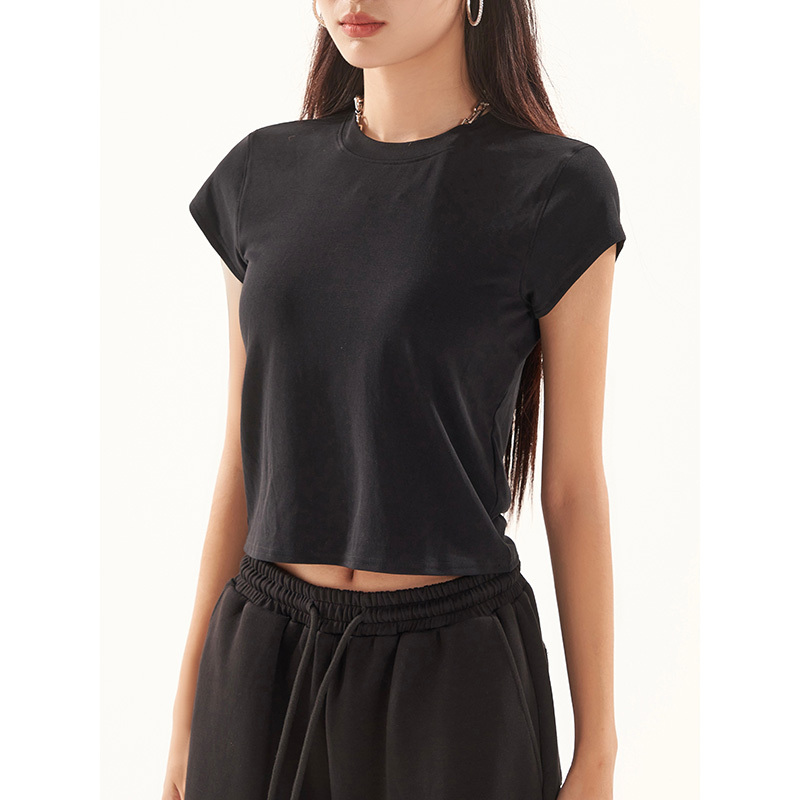 Stylmw Jingzi Solid Color American-Style Round Neck Short-Sleeve T-Shirt for Women, New Hot Girl Black Loose Short Sports Top Stylmw Jingzi Solid Color American-Style Round Neck Short-Sleeve T-Shirt for Women, New Hot Girl Black Loose Short Sports Top