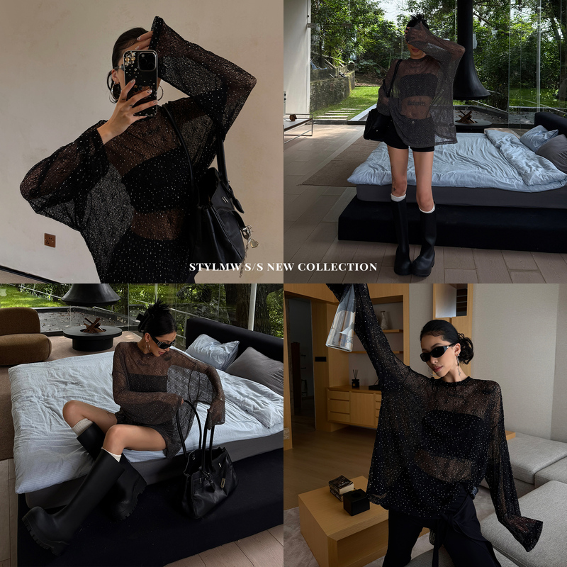 Stylmw Jingzi Hotfix Rhinestone Mesh Design Sheer Lace Top for Women, Summer American High Street Sexy Hot Girl Top