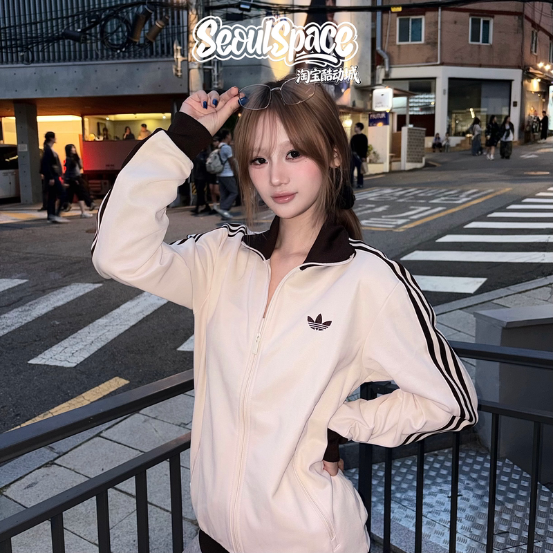 Adidas Adidas Clover Cream Brown Stand Collar Loose Korean Style Sports Jacket Kq9491