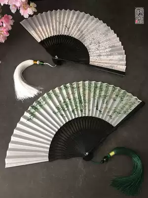 White Folding Fan Green Hollow Silk Women's Ancient Folding Fan Classical Bamboo Forest Portable Cherry Blossom Daily Fan