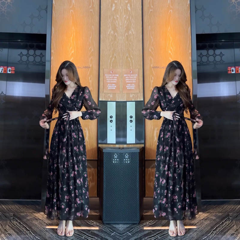 Internet Celebrity's Same Fashion Dress 2025 Spring and Summer New Style Contrasting Printed One-Piece Lace-Up Slimming Look Skirt Internet Celebrity's Same Fashion Dress 2025 Spring and Summer New Style Contrasting Printed One-Piece Lace-Up Slimming Look Skirt