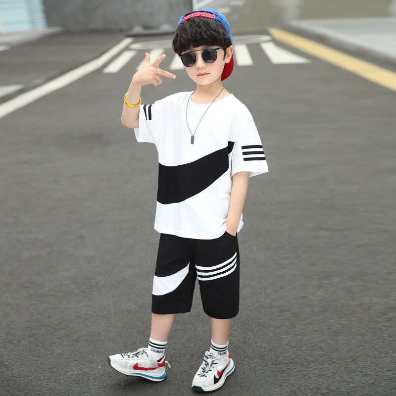 Boy Summer Suit 2022 New Foreign Pie Short Sleeve Sports Two Suits Trendy Handsome Children Han Edition Tide Children Clothing