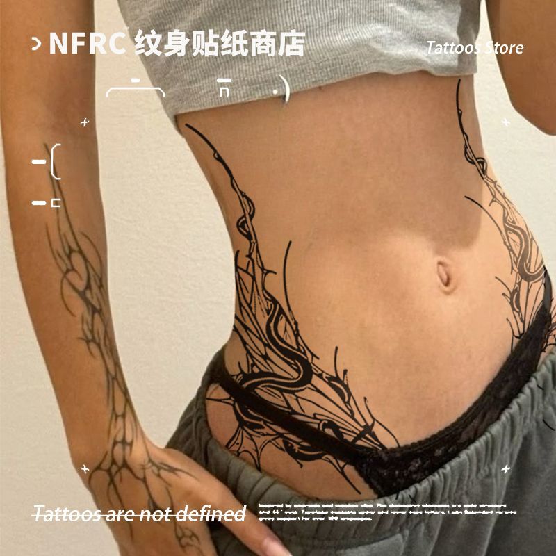 European and American Style Sexy Waist Green Snake Herbal Juice Tattoo Stickers for Women, Waterproof Body Tattoos, High-End Internet Celebrity Scar Cover-Up