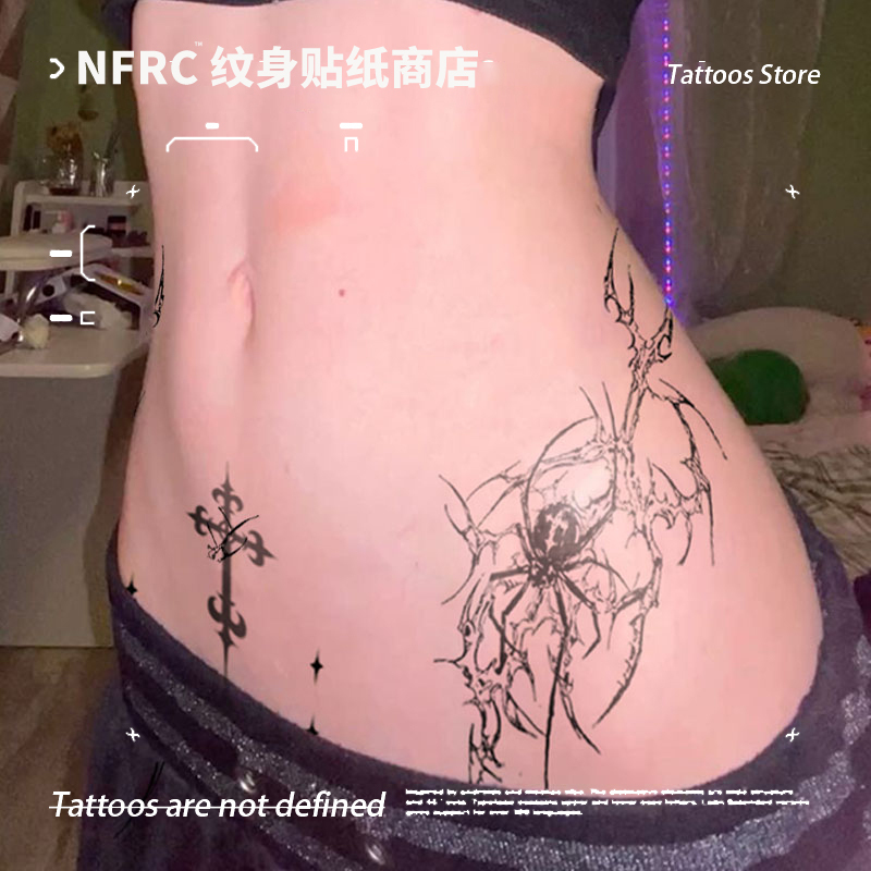Sexy American-Style Dark Spider Cross Herbal Juice Tattoo Stickers for Women and Men, Waterproof Belly Tattoos, New Leg Tattoos