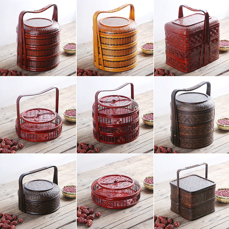 Food Box Hand Basket Picnic Basket Picnic Gift Basket with gift basket Bamboo Woven Basket Red Wedding Gift Basket Handmade Retro Multilayer Basket