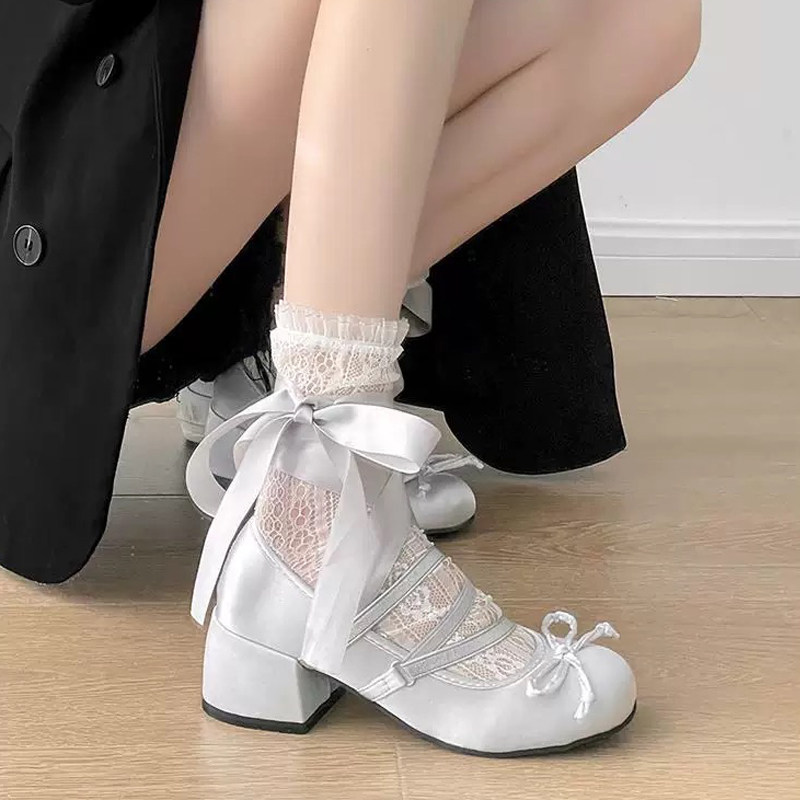 French Mary Jane satin lace-up ballet flats, 2026 new style, girly round toe chunky heel low-cut shoes with bow.