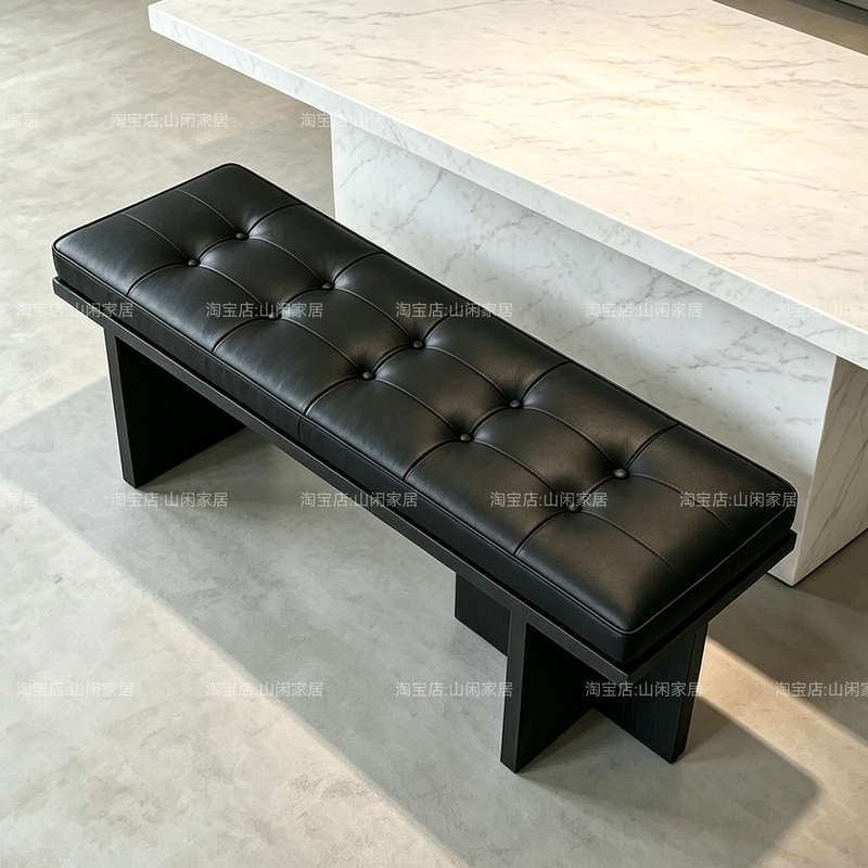 Island-Style Solid Wood Upholstered Dining Chair Bench with a High-End Feel, Made of Ash Wood, Italian Light Luxury Style, Black Leather Long Bench Sofa Stool