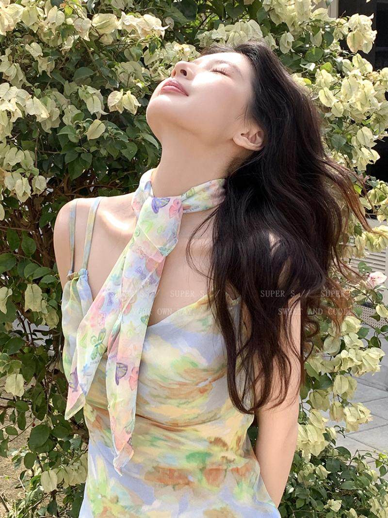 Colorful Dopamine Butterfly Flower Square Scarf for Women 2025 New Spring and Summer Pastoral Style Headscarf Photo Atmosphere Silk Scarf