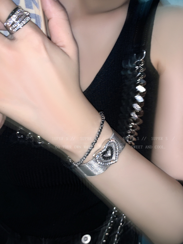 Silver Titanium Steel Subculture Wide Bracelet for Women, Exaggerated Y2K Stackable Millennial Punk Bracelet Jewelry Accessory