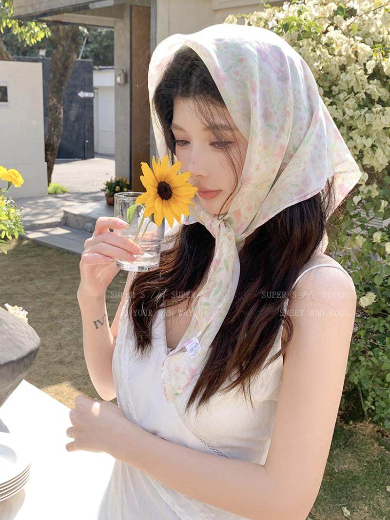 Colorful Dopamine Butterfly Flower Square Scarf for Women 2025 New Spring and Summer Pastoral Style Headscarf Photo Atmosphere Silk Scarf