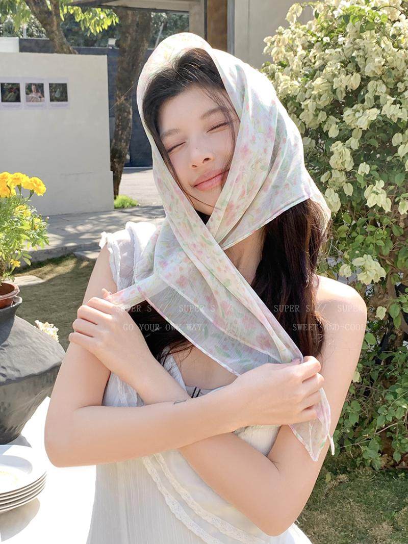 Colorful Dopamine Butterfly Flower Square Scarf for Women 2025 New Spring and Summer Pastoral Style Headscarf Photo Atmosphere Silk Scarf