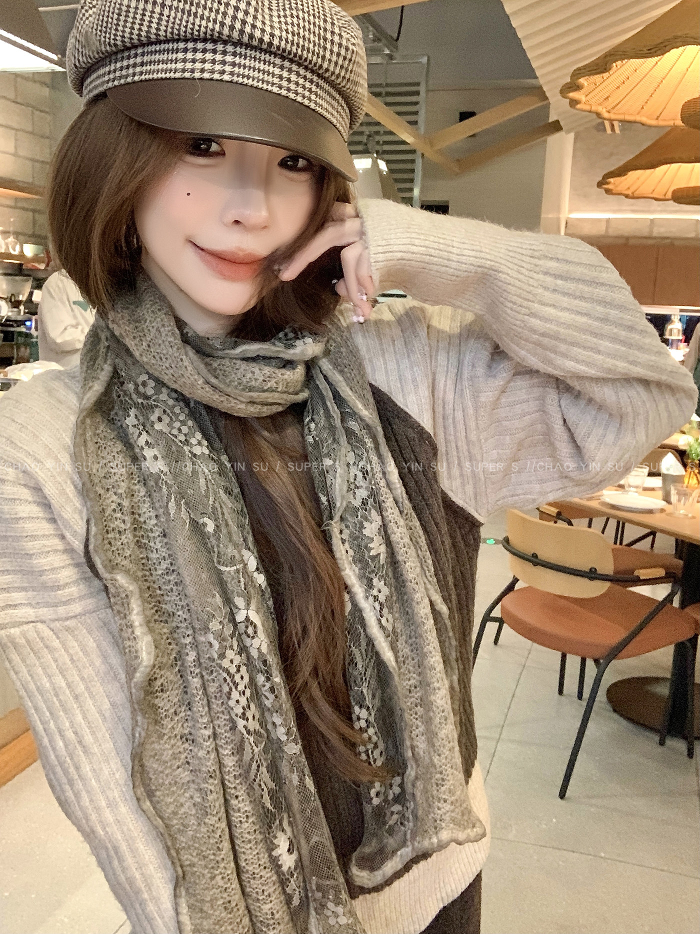 Vintage Artistic Lace Floral Double-Layer Scarf for Women, Winter Neck Warmer, Neck Protection, Warm Accessory, Neck Wrap, Post-Apocalyptic Style Shawl