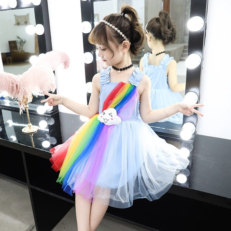 Next Elsa girls summer dress children puffy Western princess dress girl suspender rainbow dress