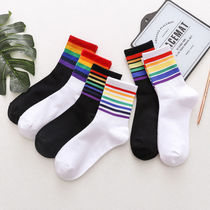 Rainbow socks Korean socks womens middle tube long tube ins wind street Japanese color strip net red student sports couple socks