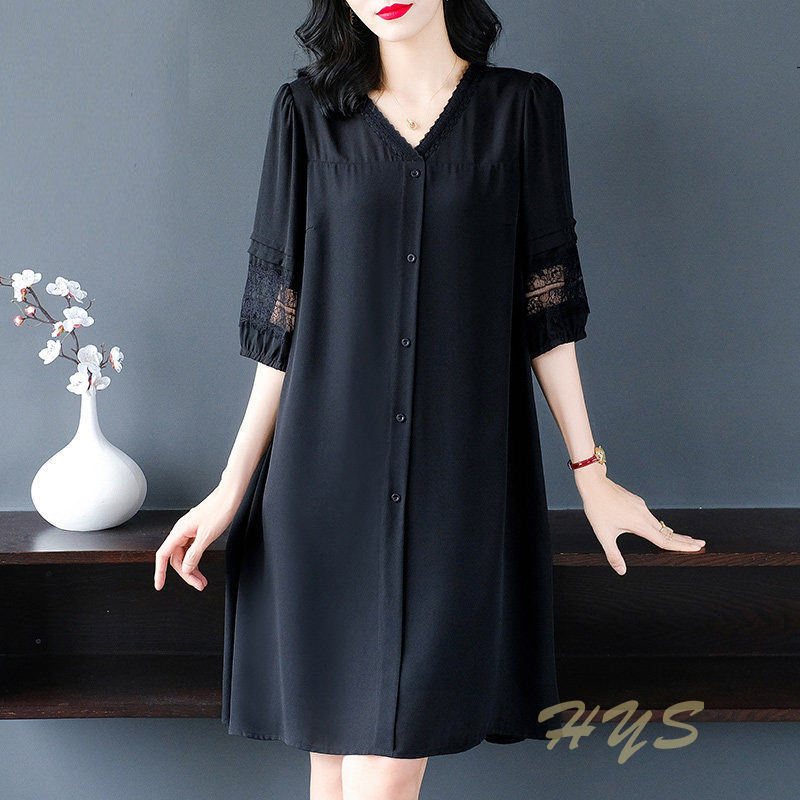 2026 Summer New Style Mother's Clothing Mid-Length Slimming Plus-Size Loose Large Size Women's Clothing Black Slimming Dress for Women 2026 Summer New Style Mother's Clothing Mid-Length Slimming Plus-Size Loose Large Size Women's Clothing Black Slimming Dress for Women