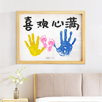 Cute chronicle Color hand and foot prints Full of joy peace joy contentment calligraphy and painting full moon year-old commemoration