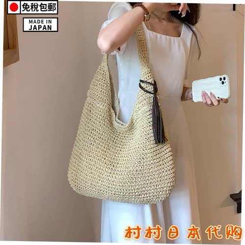 Соломенная вместительная и большая плетеная пляжная японская летняя сумка на одно плечо