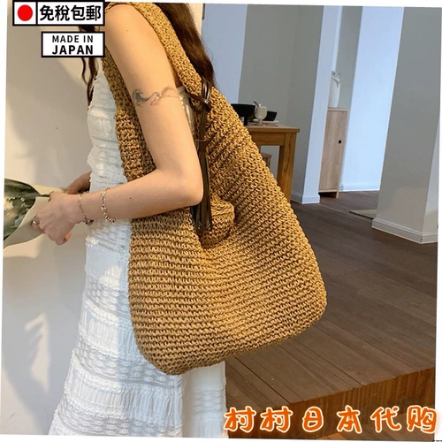 Соломенная вместительная и большая плетеная пляжная японская летняя сумка на одно плечо